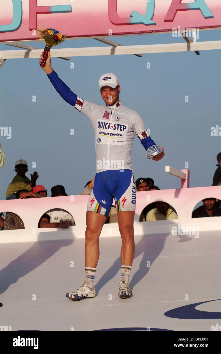 Feb 02, 2007 - Doha, Qatar - TOM BOONEN, winner of sprints at the Tour of Qatar 2007. Stage 6: Sealine Beach Resort to Doha Corniche - 134 kms. For the 4th time in 6 days, Tom Boonen, once again, proved that he was the master of sprinting by claiming the final stage of the Tour of Qatar. His Quickstep team mate, Wilfried Cretskens, wins the overall classification of the event. The  Stock Photo
