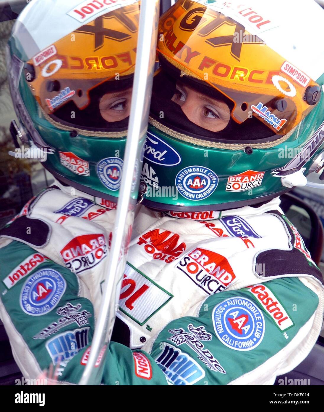 Feb 08, 2007 - Pomona, California, USA - ASHLEY FORCE, 24 from Anaheim Hills, puts her helmet on as she gets ready for her first professional run in funny car Thursday February 8, 2007 at the 47th annual CARQUEST Auto Parts NHRA Winternationals at Fairplex in Pomona.  (Credit Image: Â© Will Lester/ZUMA Press) Stock Photo