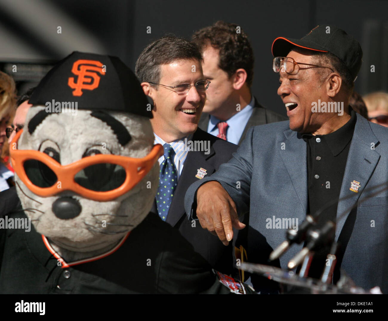 July 6th, 2007 - San Francisco, CA, USA -  Major League Baseball Executive Vice President Tim Brosnan, center, and DHL All-Star FanFest Ambassador and MLB legend Willie Mays are all smiles as San Francisco Giants' mascot Lou Seal walks away during the All-Star FanFest opening ceremony at Moscone West center in San Francisco, Calif., on Friday Jul. 6, 2007.  (Credit Image: © Ray Cha Stock Photo