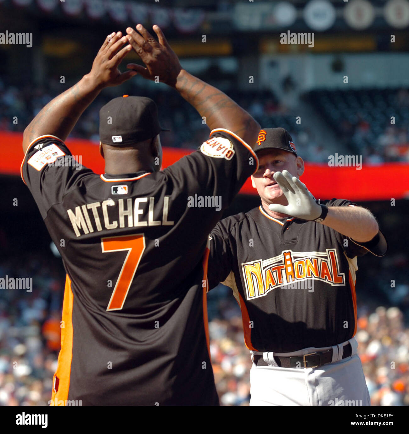 July 8th, 2007 - San Francisco, CA, USA - Former San Francisco Giant star Kevin Mitchell congratulates Matt Williams who just hit a home run in the All Star Legends & Celebrity Softball game at AT&T Park Sunday afternoon July 8, 2007. (Credit Image: © Karl Mondon/Contra Costa Times/ZUMA Press) Stock Photo