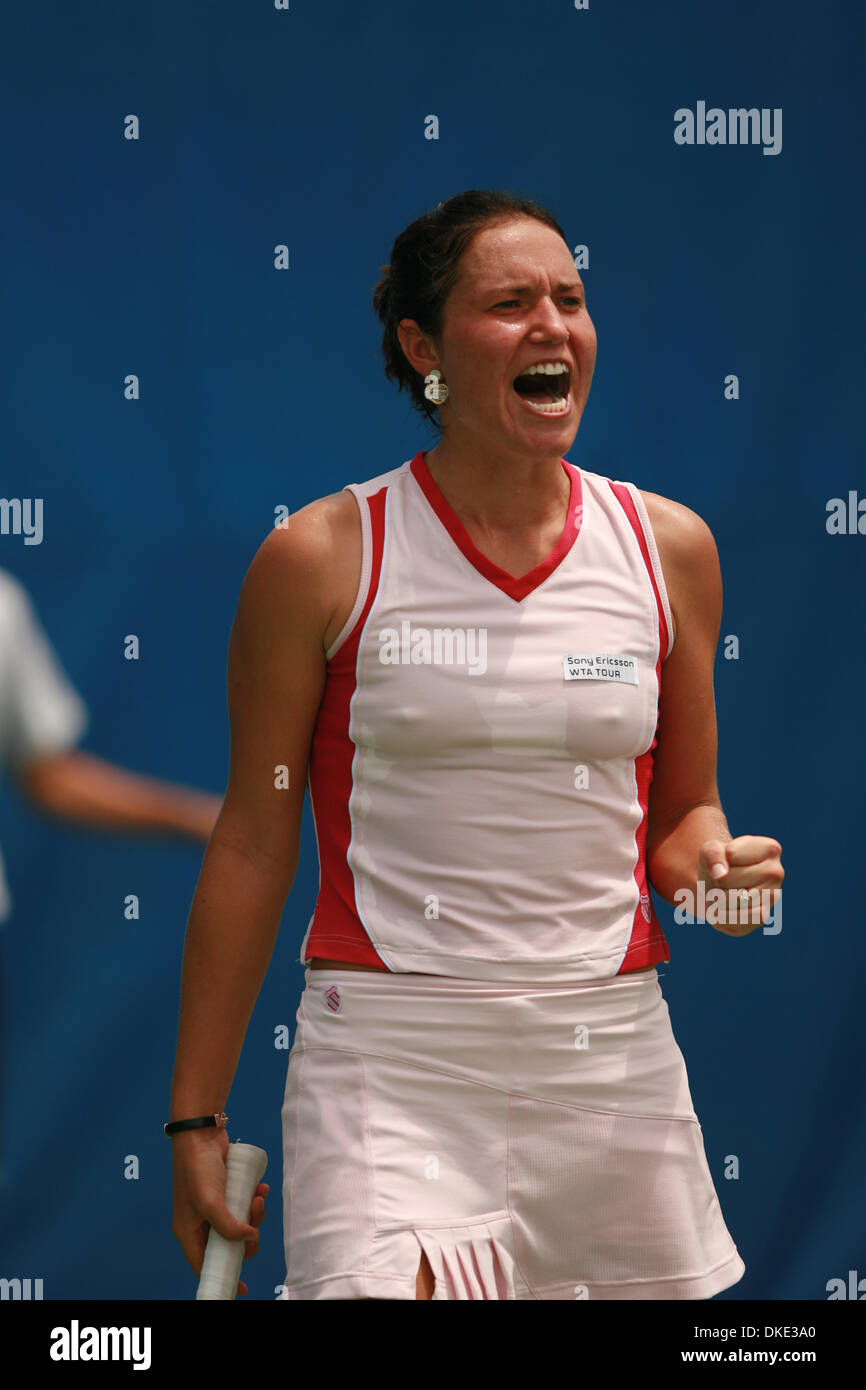 KATERYNA BONDARENKO from Ukraine shouts in jubilation after returning a ball hit by Sybille Bammer from Austria in the Acura Classic tennis tournament in La Costa near San Diego, CA. She lost to her opponent 6-4 7-6. Stock Photo