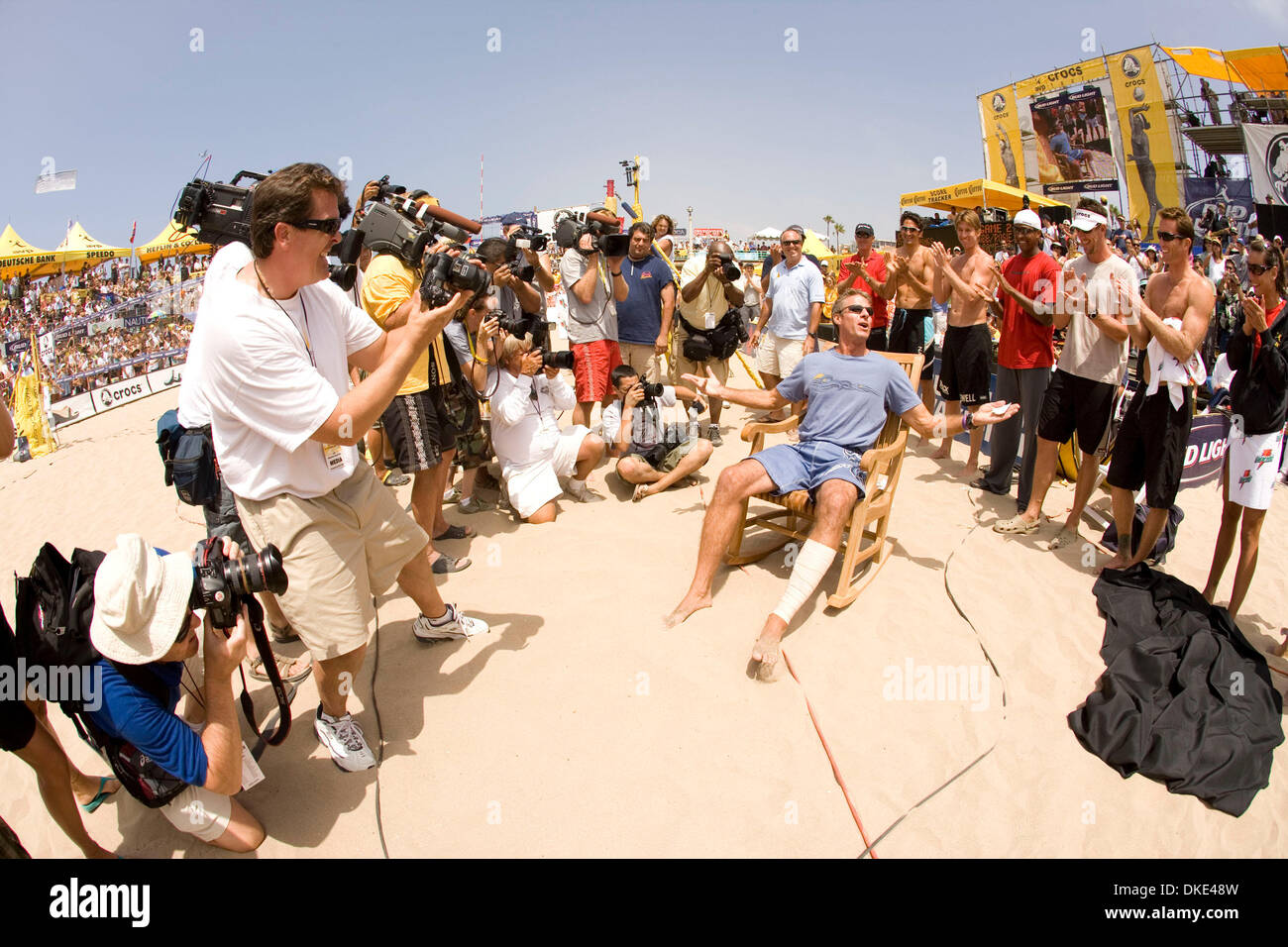 Aug 11, 2007 - Los Angeles, CA, USA - KARCH KIRALY, in all aspects one of the legends of the game of volleyball, officially retired from the game of professional beach volleyball at the Manhattan Beach Open beach volleyball tournament. The AVP (Association of Volleyball Professionals) gave Kiraly a deck chair as a gift to which he replied, '... I thought they were going to give me  Stock Photo