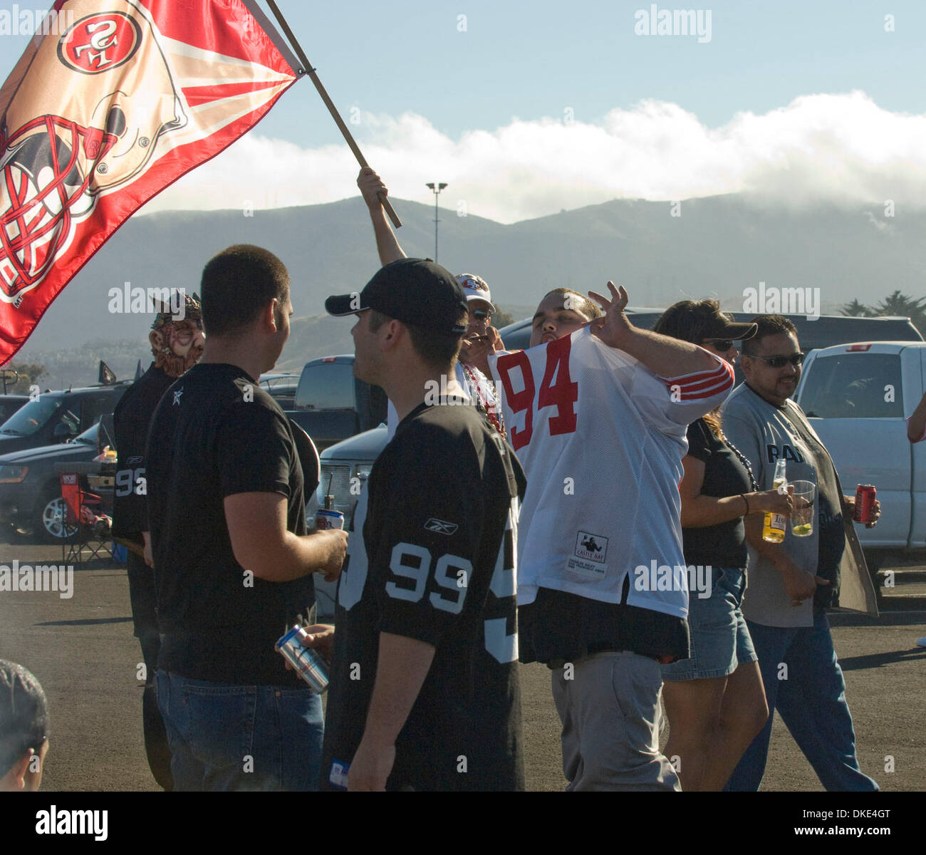 Aug.18, 2007 - San Francisco, California, U.S. - San Francisco 49ers vs Oakland Raiders at Bill Walsh field. Tailgate activities in parking lot before game.  This kind of taunting went on a lot. (Credit: © Al Golub/ZUMApress.com) Stock Photo