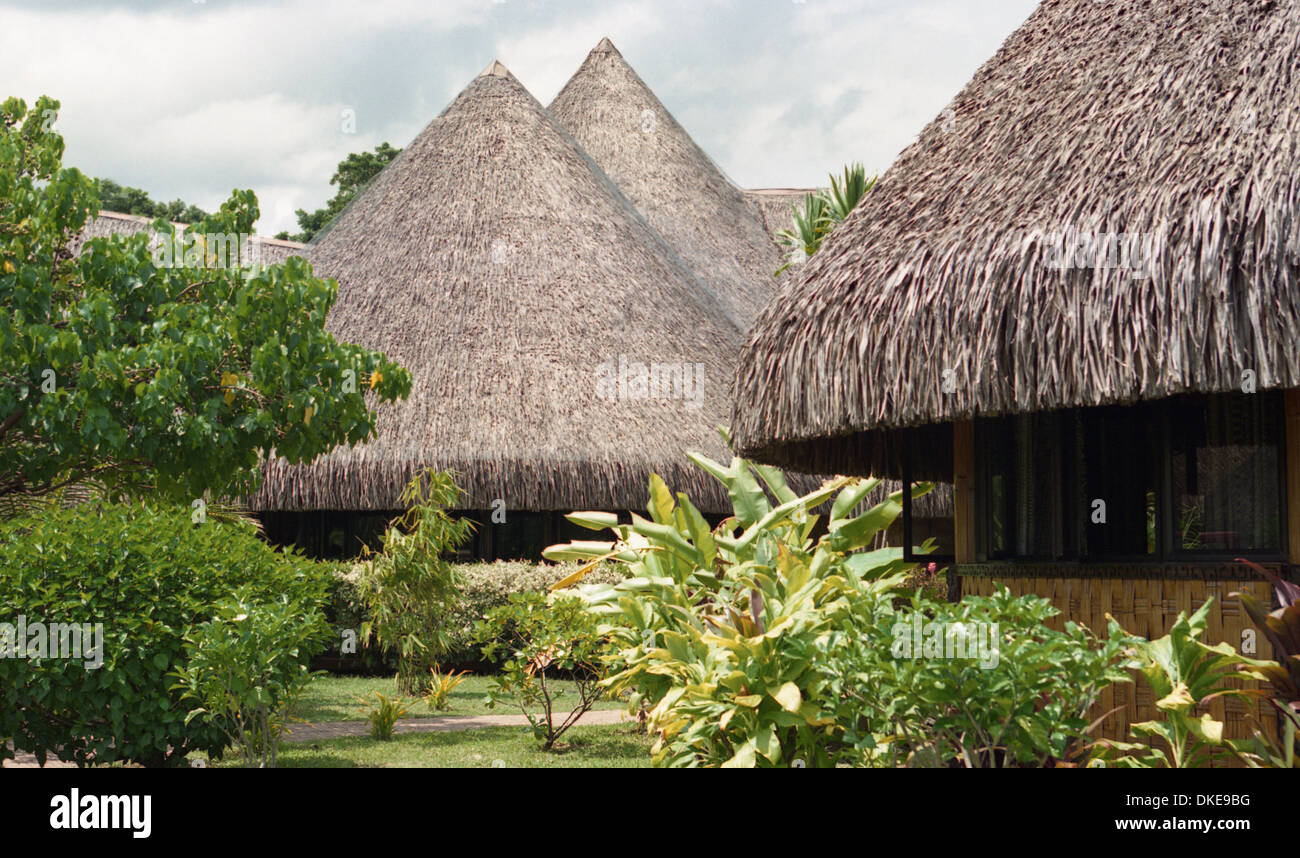 Palm-covered roof. Polynesian houses in Papeete. Tahiti Stock Photo