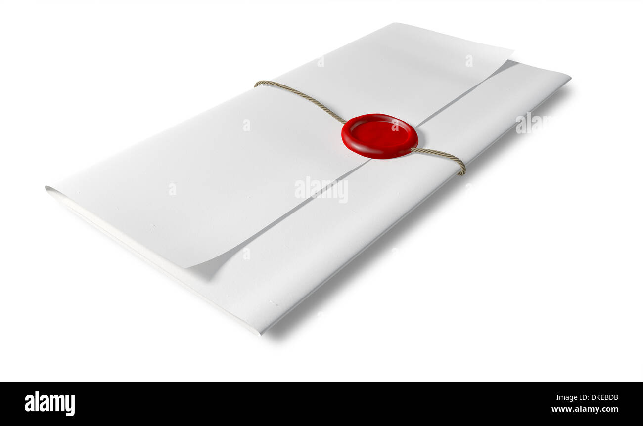 A piece of white paper folded up three times bound by a thin string and sealed by a blank red wax seal on an isolated white back Stock Photo