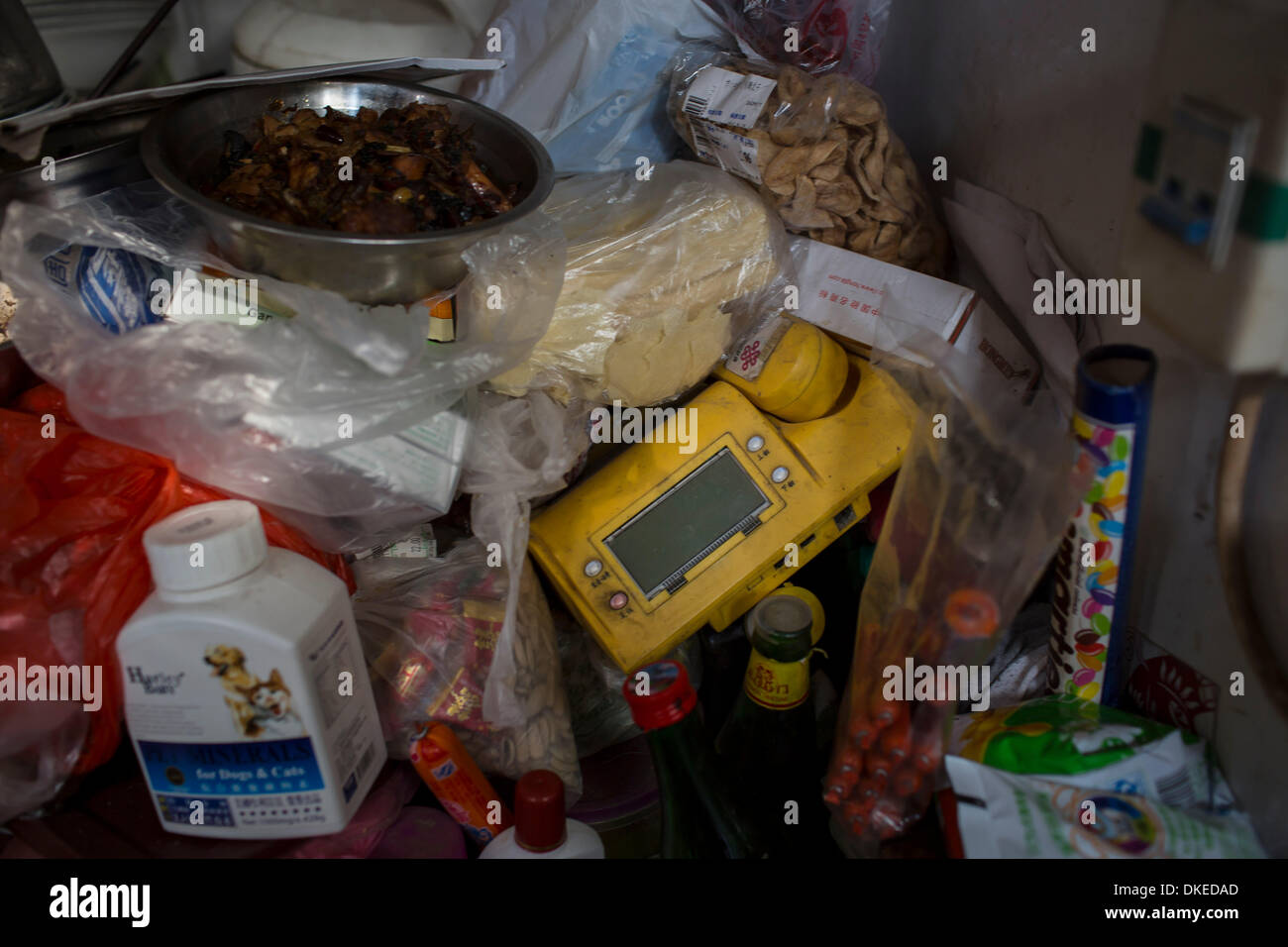 Beijing, China. 1st Dec, 2013. YILAN ZHAO cluttered living room at her home. Zhao, 58 years-old, lives at No. 264 Deshengmen Inner Street, Xicheng District. Zhao is illiterate, has no stable job or income and her husband is disabled and bedridden. For her, life is very hard, but she finds happiness is rescuing homeless dogs. Since 2001 she has been caring for stray dogs. © Jiwei Han/ZUMA Wire/ZUMAPRESS.com/Alamy Live News Stock Photo