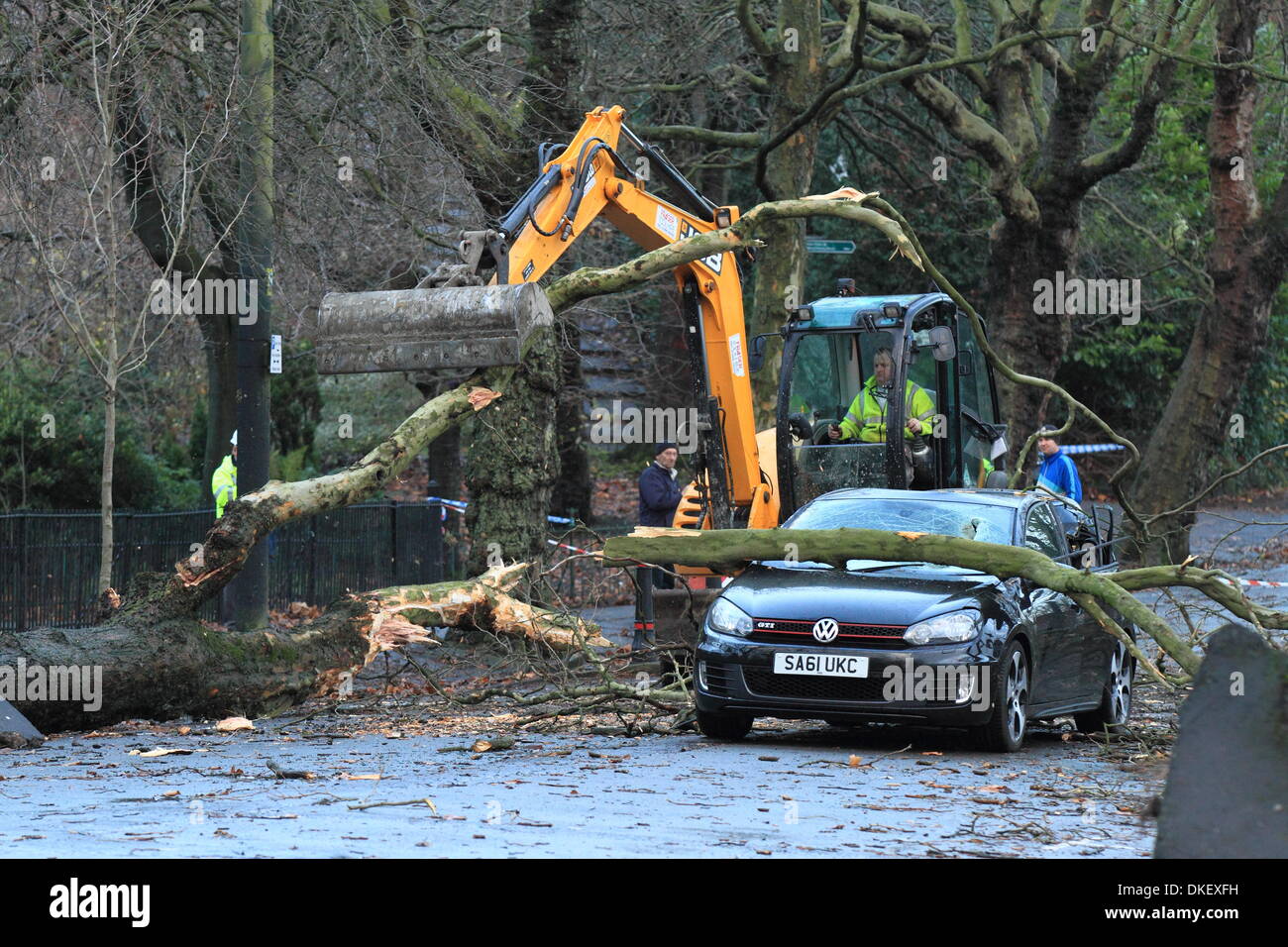Glasgow, Scotland, UK. 5th Dec 2013. Fallen tree crushes VW Golf as it drives by. Emergency Services in attendance clearing the tree and debris. Paul Stewart/Alamy News Stock Photo