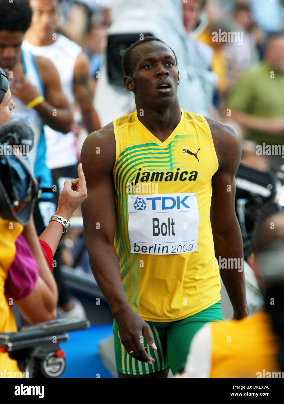 Aug 16, 2009 - Berlin, Germany - Jamaican USAIN BOLT who just won the 100m in a world-record time of 9.58 seconds during the 12th IAAF World Championships in Athletics held at Berlin Olympic Stadium. (Credit Image: © Aleksander V. Chernykh/PhotoXpress/ZUMA Press) Stock Photo