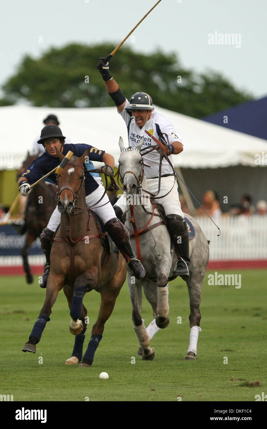08 August: Heathcote's Tommy Biddle No.3 with a high mallet as Great Oaks Sebastian Merlos takes the ball. Great Oaks defeated Heathcote 16-5 in week 4  of the Mercedes Benz Polo Challenge at the Bridghampton Polo Club, Water Mill, New Yorke  (Credit Image: © Southcreek Global/ZUMApress.com) Stock Photo