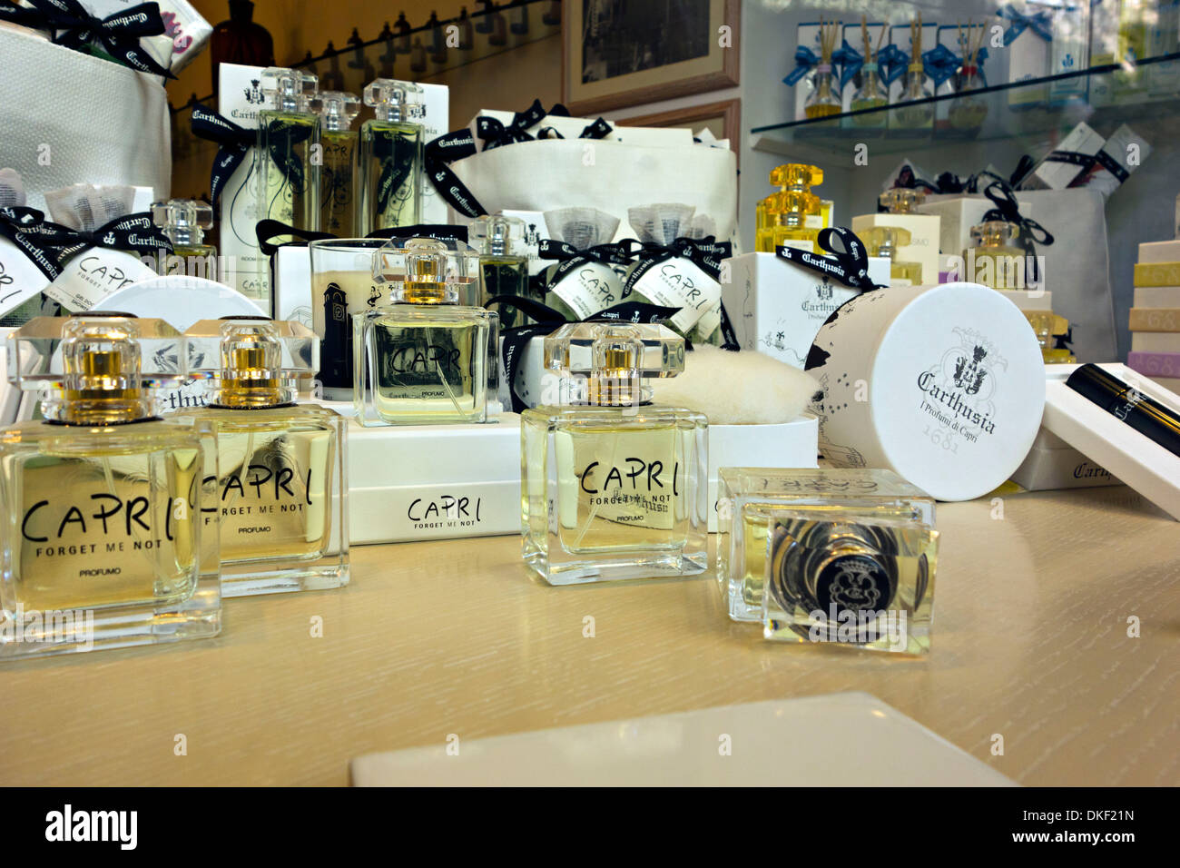 Window display of famous Capri Perfume, Capri, Campania,Italy, Europe Stock Photo
