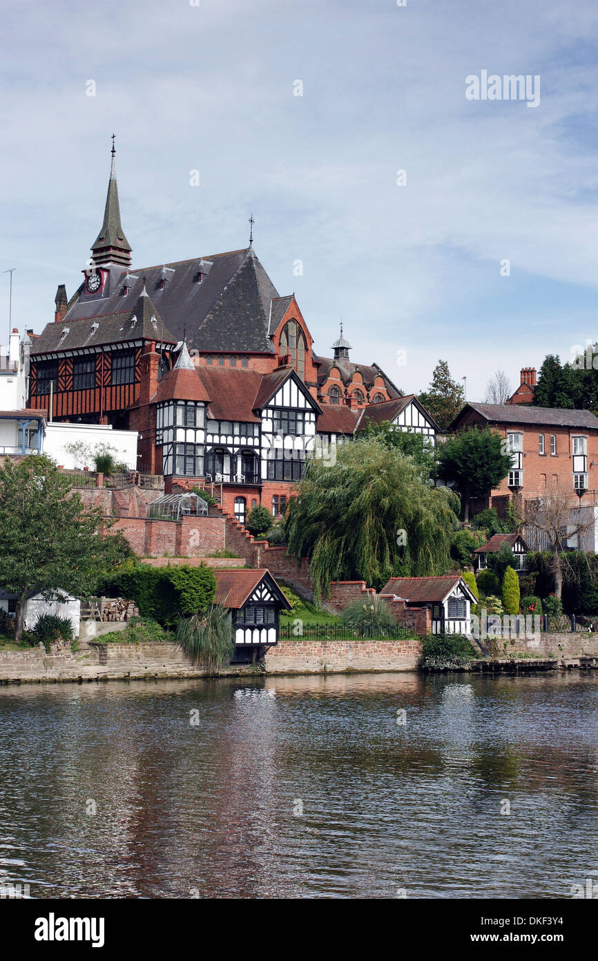 The River Dee at Chester, England, showing riverside properties with waterfront gardens. Stock Photo