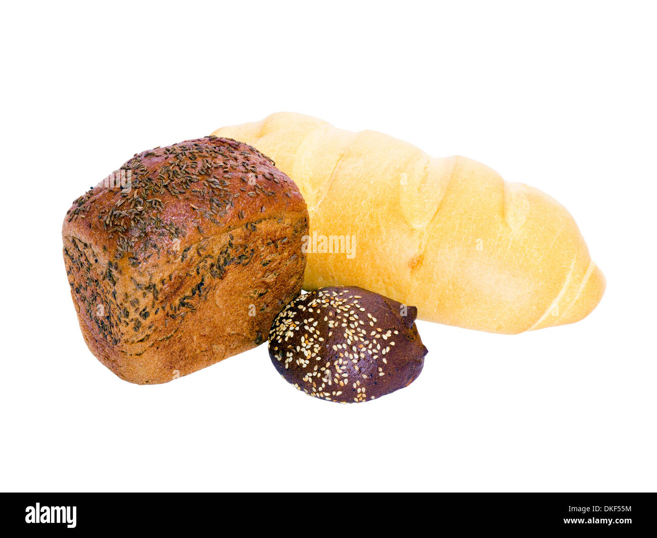 loaf of bread, a loaf and bun on a white background Stock Photo