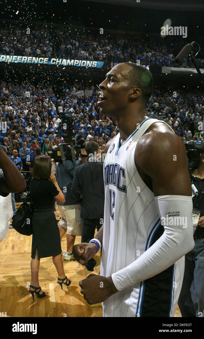 May 30, 2009 - Orlando, Florida, USA - Orlando center DWIGHT HOWARD (12) celebrates after the Magic beat Cleveland Cavaliers in game six of the Eastern Conference Finals at Amway Arena in Orlando, FL Saturday, May 30, 2009. (Credit Image: © Gary W. Green/Orlando Sentinel/ZUMA Press) RESTRICTIONS: * Daytona and Online RIGHTS OUT * Stock Photo