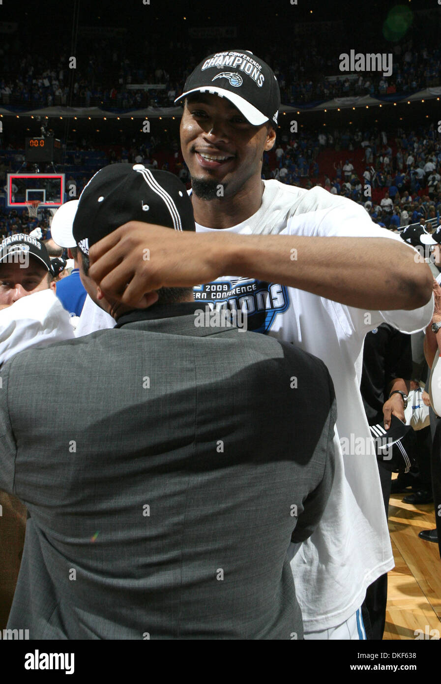 May 30, 2009 - Orlando, Florida, USA - Orlando Magic forward RASHARD LEWIS celebrates after beating the Cleveland Cavaliers in game six of the Eastern Conference Finals at Amway Arena in Orlando, FL Saturday, May 30, 2009. (Credit Image: © Gary W. Green/Orlando Sentinel/ZUMA Press) RESTRICTIONS: * Daytona and Online RIGHTS OUT * Stock Photo