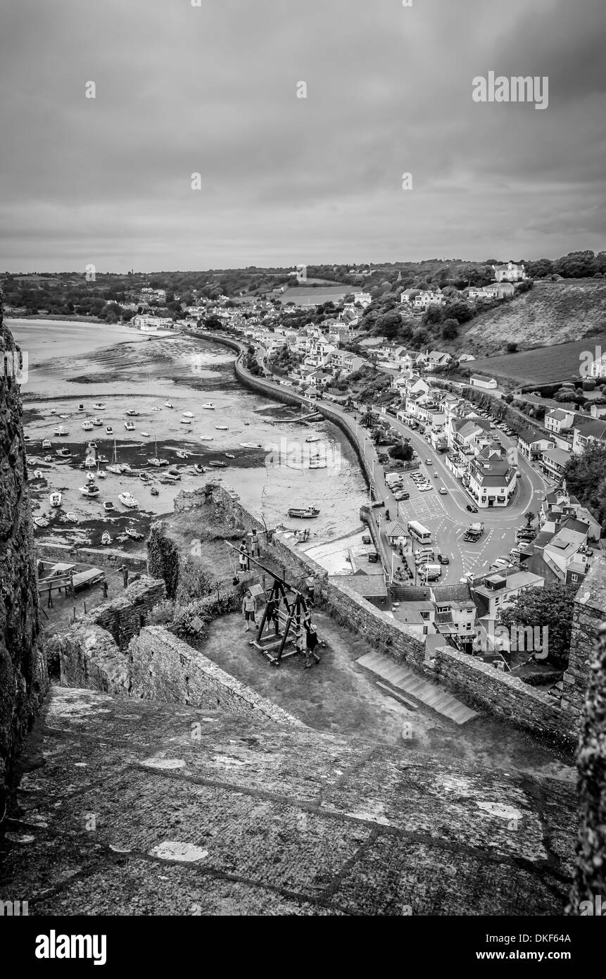 Black and white view channel islands harbour on the top of Mont Orgueil castle, Jersey Stock Photo