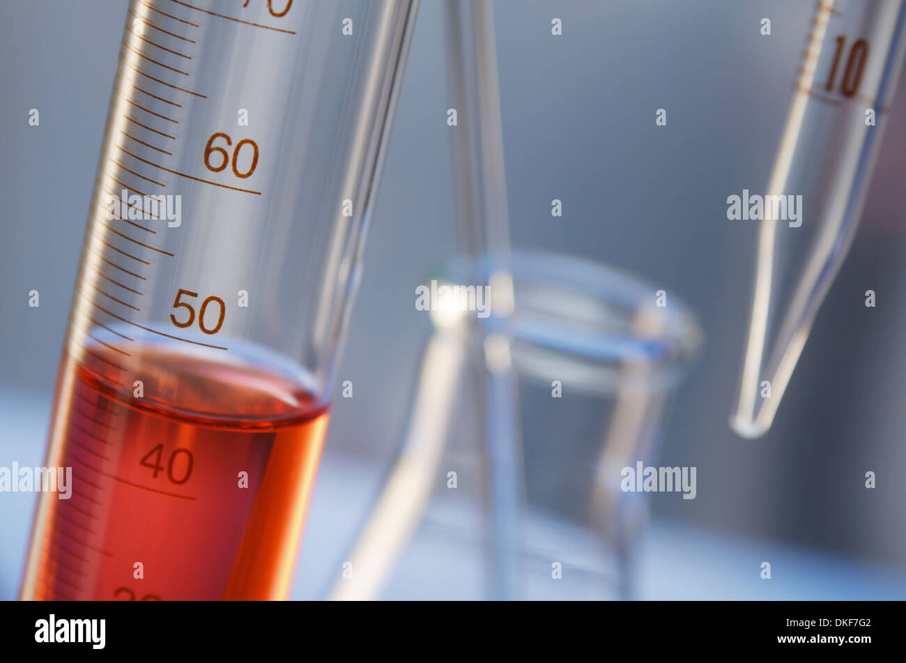 Chemical lab glassware: graduated cylinder, Erlenmeyer flask with stirring rod, pipette Stock Photo