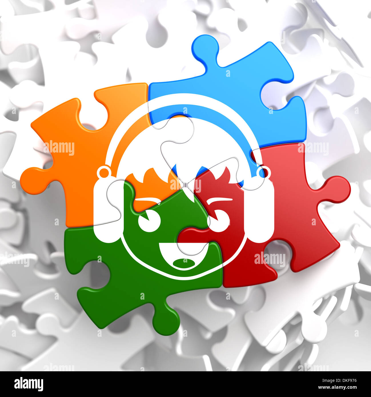 Boy with Headphones Icon on Multicolor Puzzle. Stock Photo