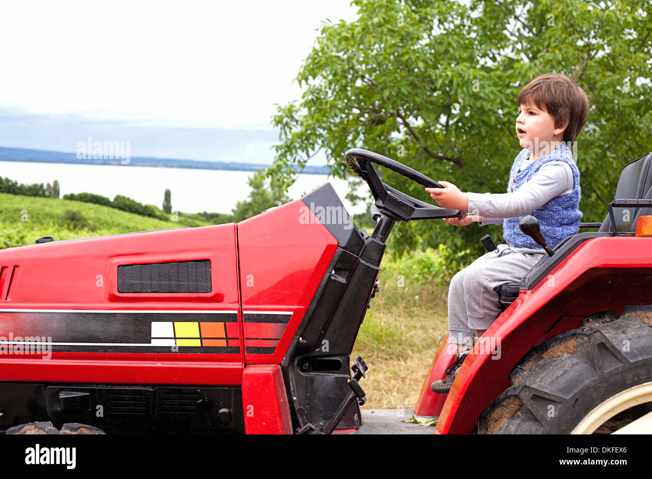 Male toddler pretending to drive tractor in garden Stock Photo