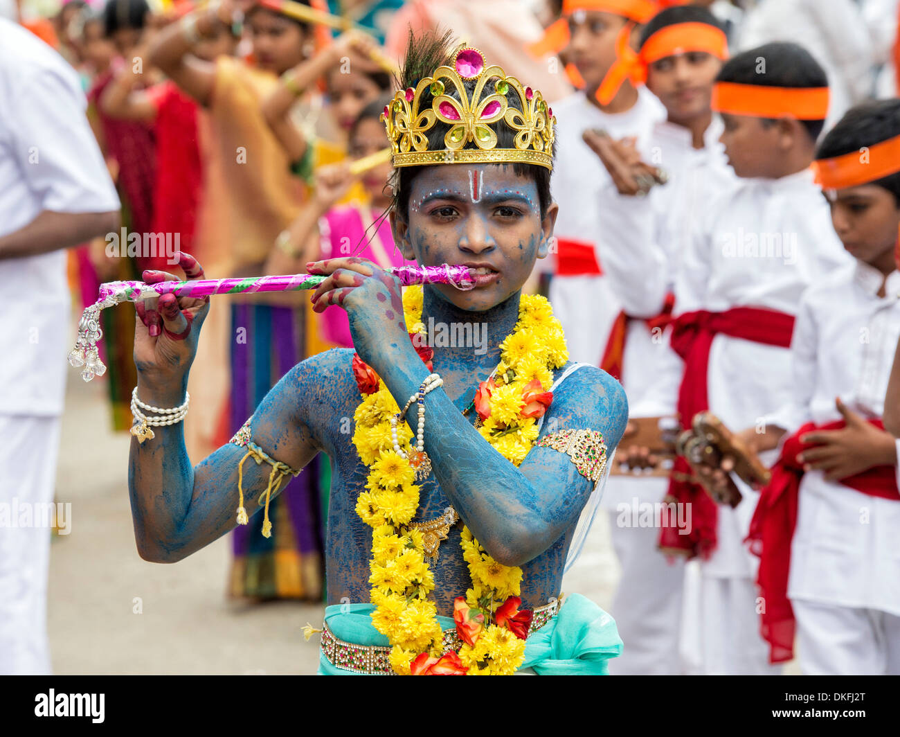 Indian boy dressed as Krishna at a festival in the streets of Puttaparthi. Andhra Pradesh, India Stock Photo