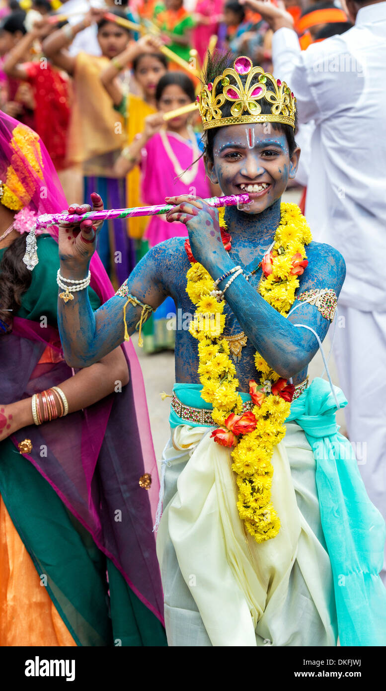 Indian boy dressed as Krishna at a festival in the streets of Puttaparthi. Andhra Pradesh, India Stock Photo