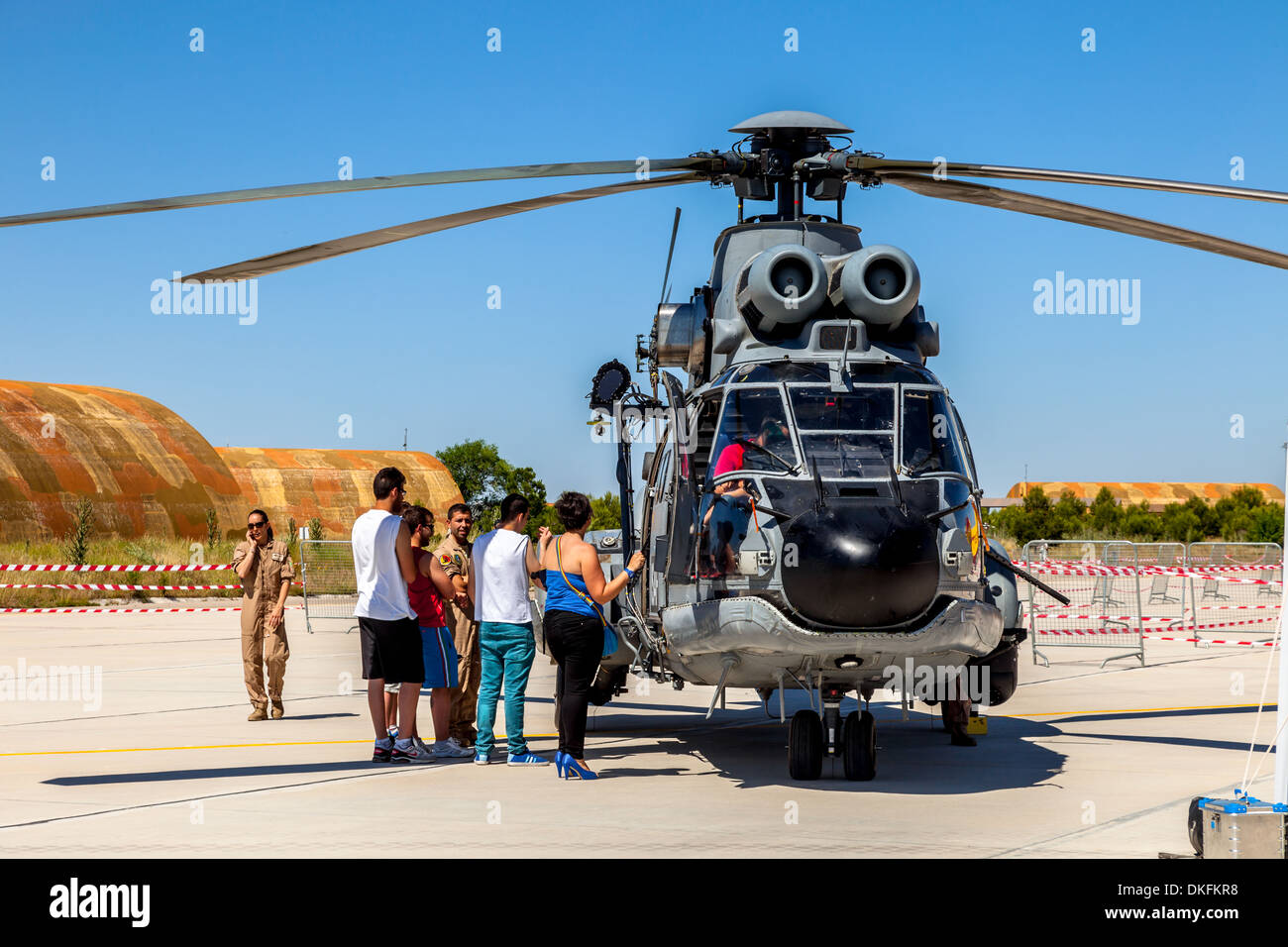 Helicopter Eurocopter AS332 Super Puma taking part in a static exhibition on the open day of the airbase of Los Llanos Stock Photo