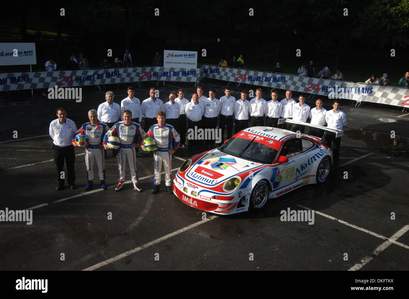 June 8, 2009 - Le Mans, France - The IMSA-Matmut Porsche photoshoot, including drivers, RAYMOND NARAC, of France, PATRICK PILET, of France, and PATRICK LONG, during scrutineering for the 24 Hours of Le Mans, Monday, June 8, 2009, in Le Mans, France. (Credit Image: © Rainier Ehrhardt/ZUMAPRESS.com) Stock Photo