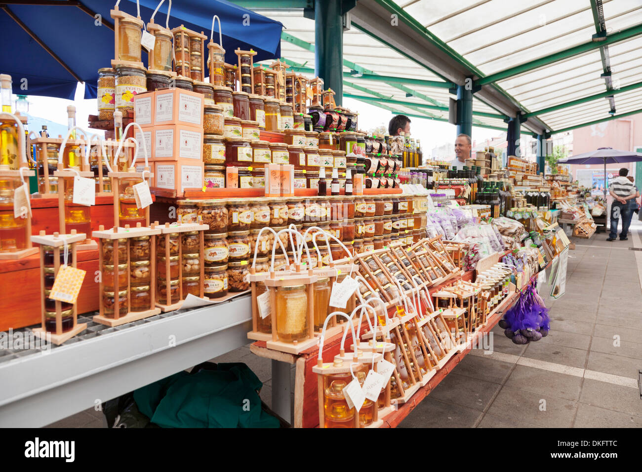 Offering of truffles, honey and olive oil on the market, Rovinj, Istria, Croatia, Europe Stock Photo