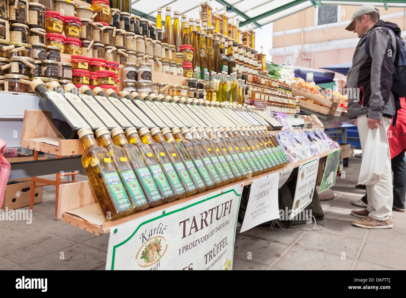 Truffles and bottles of olive oil selling on the market, Rovinj, Istria, Croatia, Europe Stock Photo
