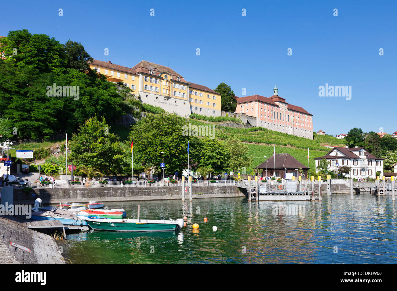 Meersburg port, new castle and state vineyards, Meersburg, Lake Constance, Baden Wurttemberg, Germany, Europe Stock Photo