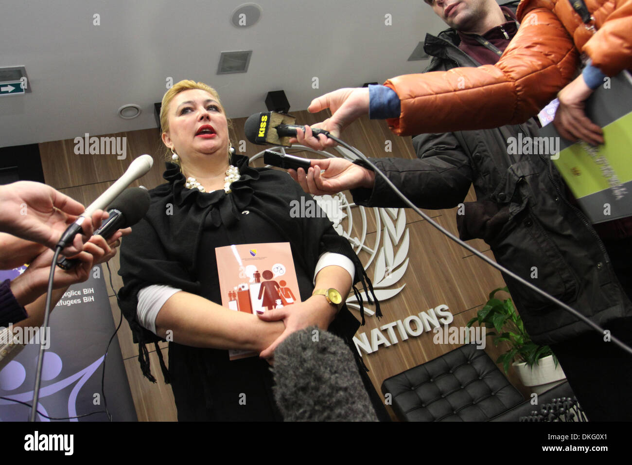 Sarajevo, Bosnia-Herzegovina. 5th Dec, 2013. Samra Filipovic Hadziabdic, Director of the State Agency for Gender Equality, gives statement to medias during the conferrence on 'Violence Against Women', in the building of UN House, in Sarajevo, Bosnia-Herzegovina, on Dec. 5, 2013. Credit:  Haris Memija/Xinhua/Alamy Live News Stock Photo