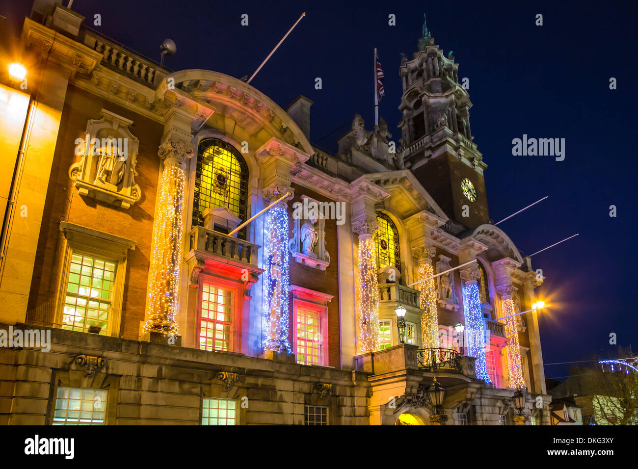 COLCHESTER TOWN HALL IN THE HIGH STREET WITH CHRISTMAS LIGHTS Stock
