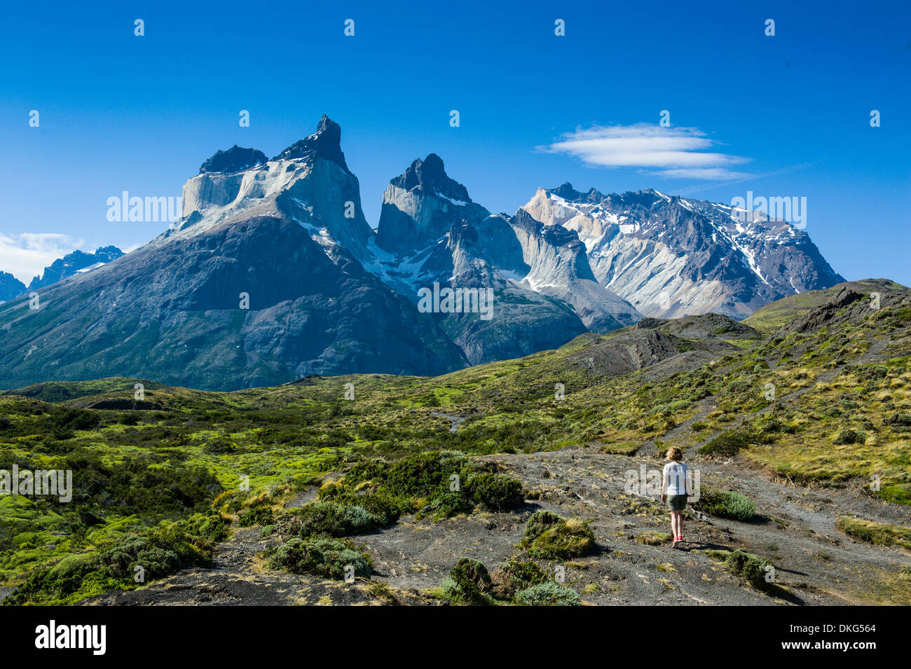 Woman enjoying the incredible mountains of the Torres del Paine National Park, Patagonia, Chile, South America Stock Photo