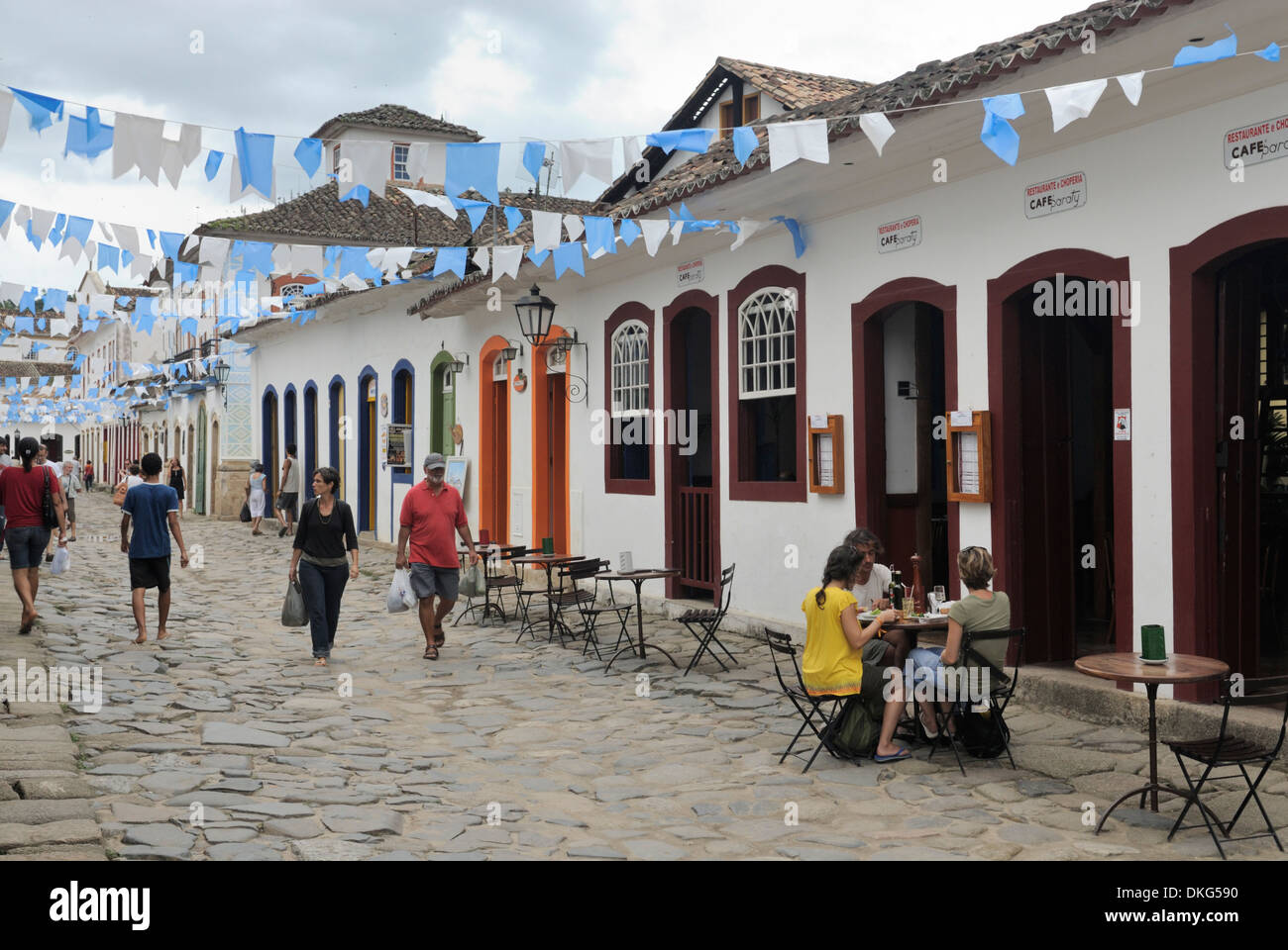 Paraty, Brazil: Nicely decorated historic centre of Party during the Nossa Senhora do Rosario and Sao Benedito Festival in Nov. Stock Photo