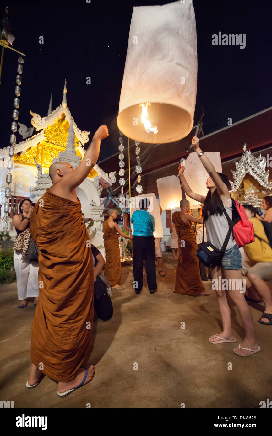 Paper lanterns being released at Loi Krathong festival, Chiang Mai, Northern Thailand, Thailand, Southeast Asia, Asia Stock Photo