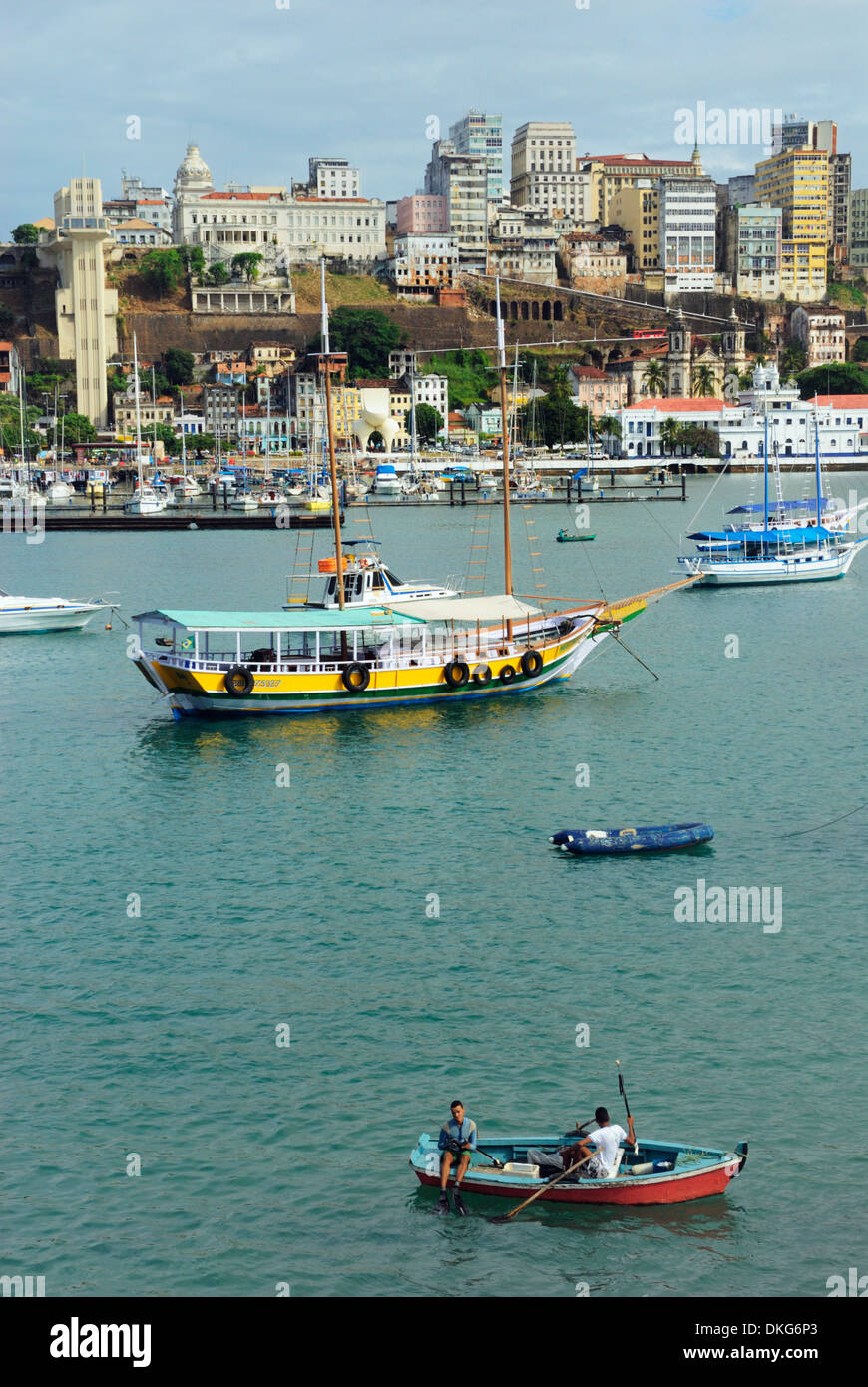 Brazil, Bahia, Salvador: Harbour view with the Elevador Lacerda in the background. Stock Photo