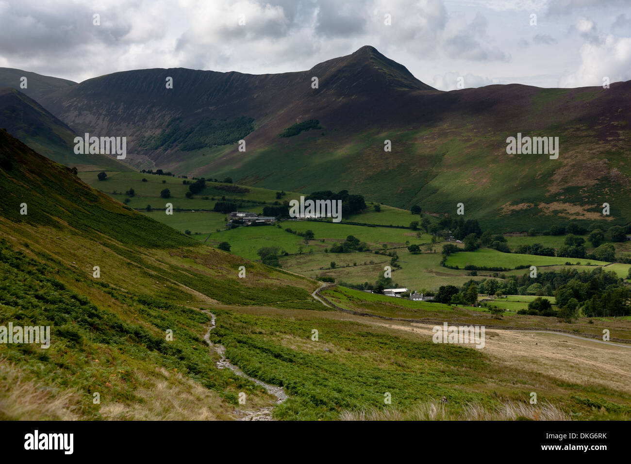 A path winds into a dramatic scene of hills, mountains, fields and trees. Lake District, UK. Stock Photo
