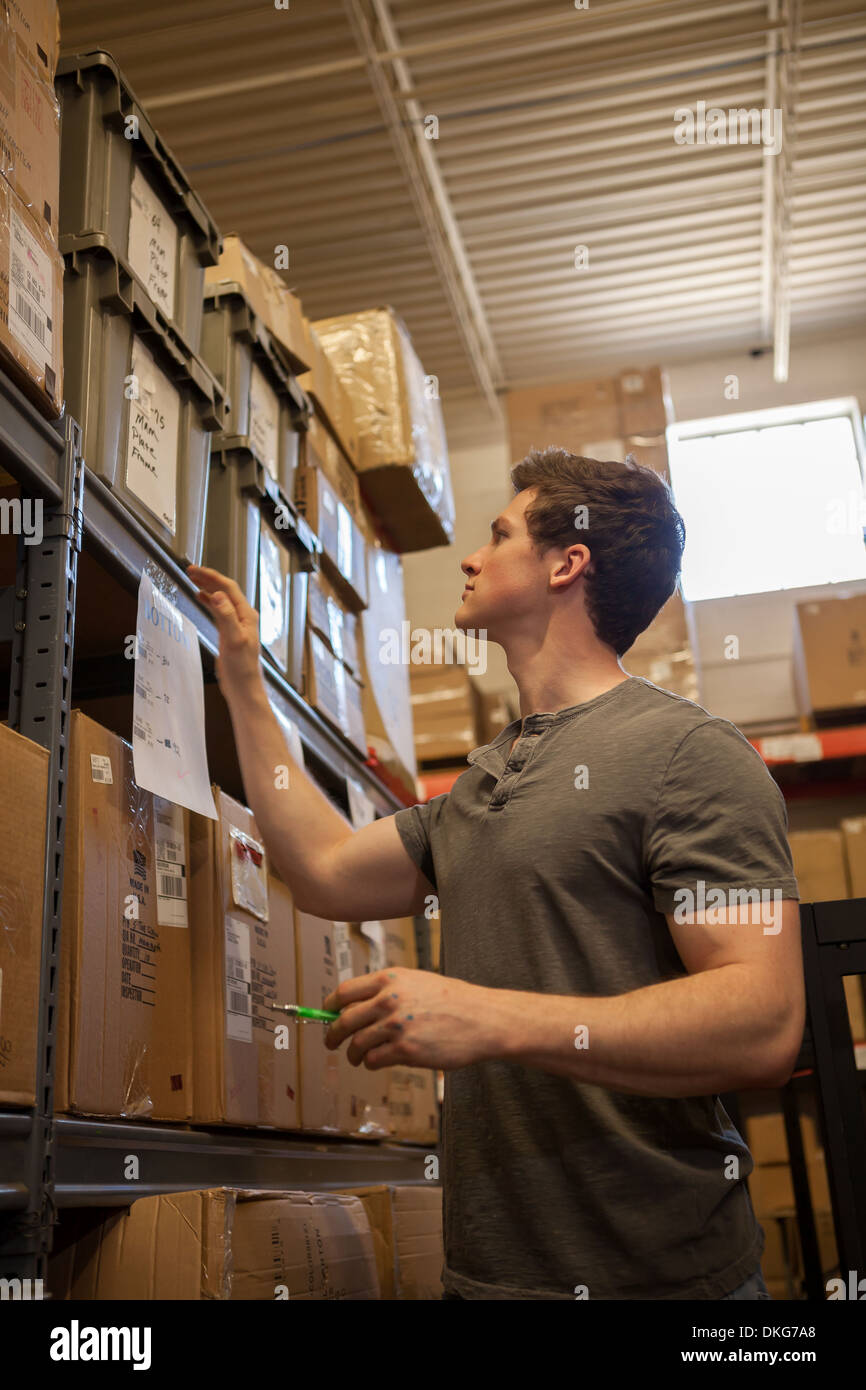 Worker looking at cardboard boxes on shelves in warehouse Stock Photo