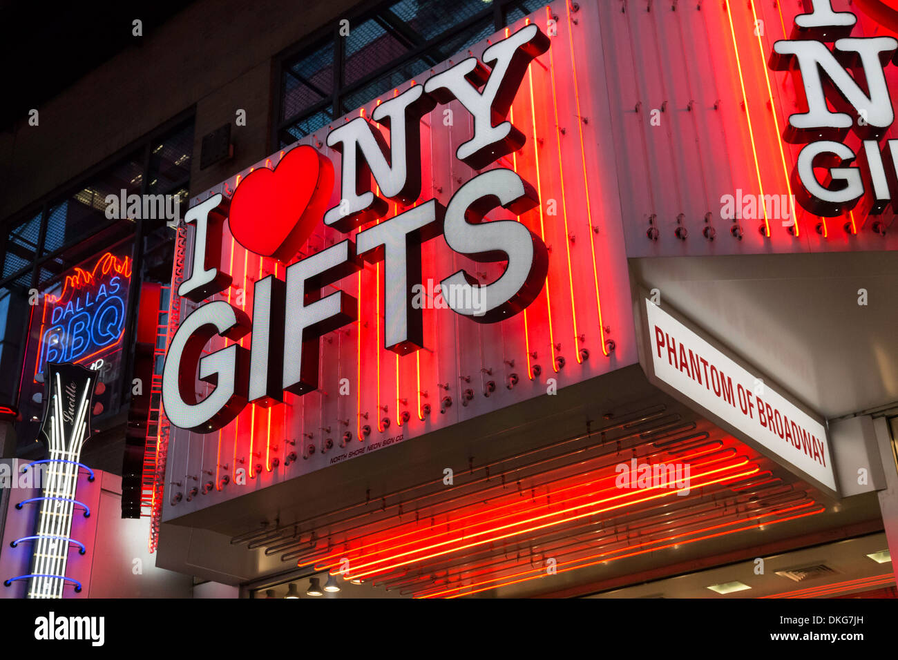 'I Heart NY Gifts' Sign on W. 42nd Street, Times Square Lights at Night, NYC Stock Photo
