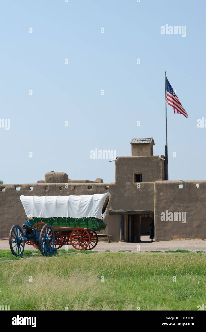 Bent's Old Fort on the prairies of eastern Colorado was the only settlement between MIssouri and Santa Fe, New Mexico. Stock Photo