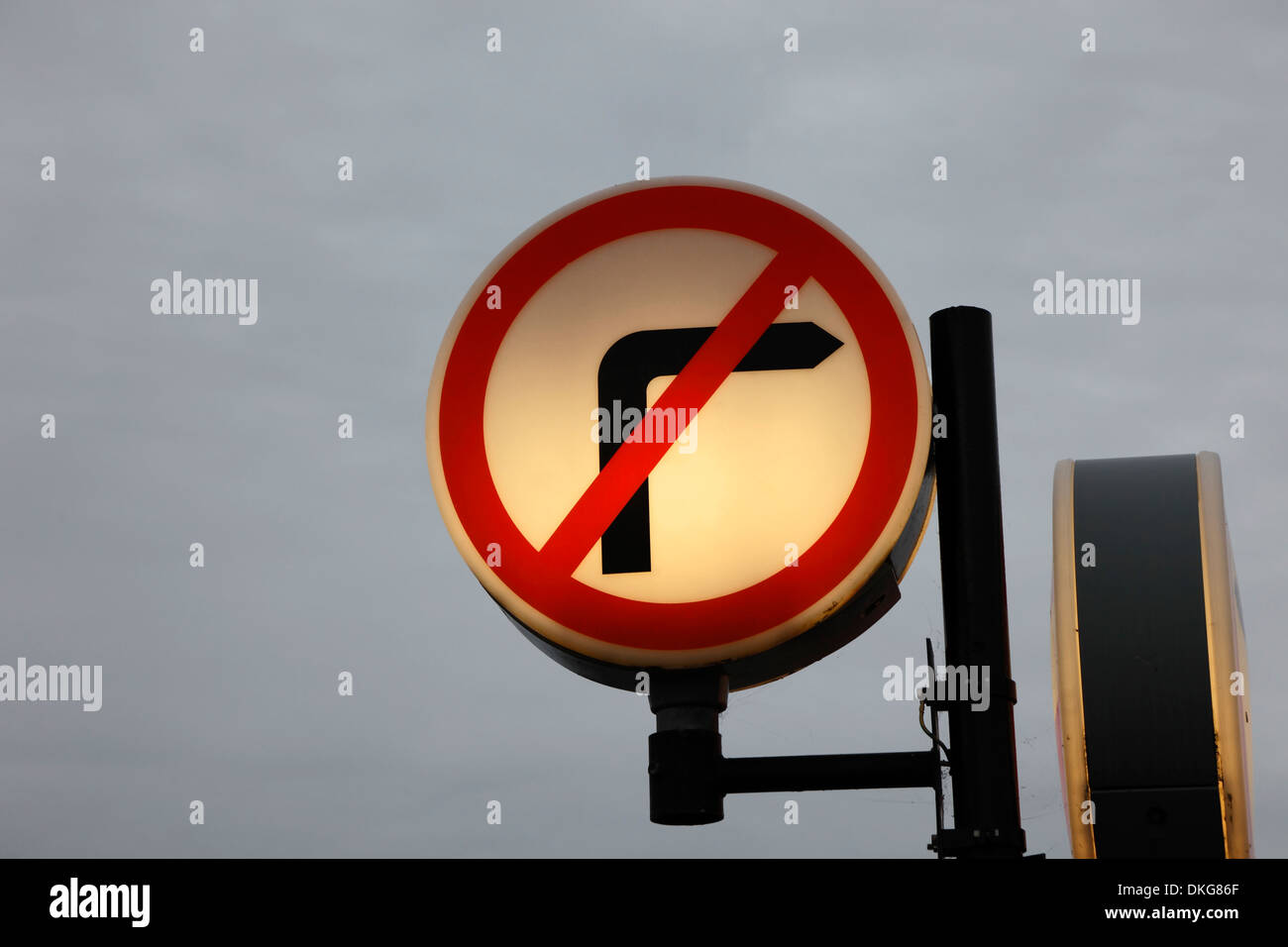 Illuminated traffic sign no right turn Yarmouth Isle of Wight Hampshire England Stock Photo