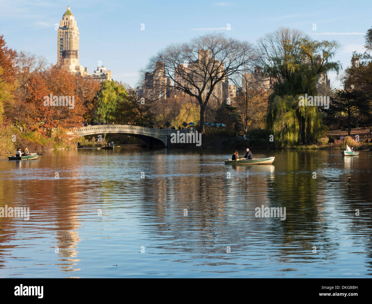 The Lake with Bow Bridge in Central Park, NYC Stock Photo