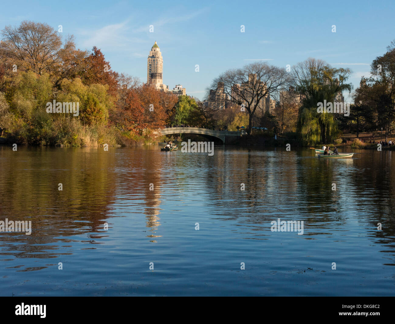 The Lake with Bow Bridge in Central Park, NYC Stock Photo