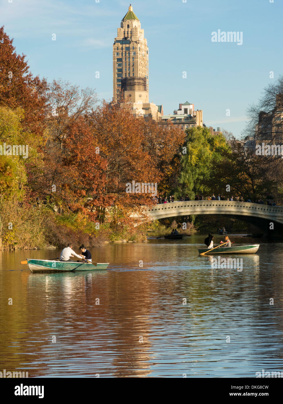 The Lake with Bow Bridge in Central Park, NYC Stock Photo