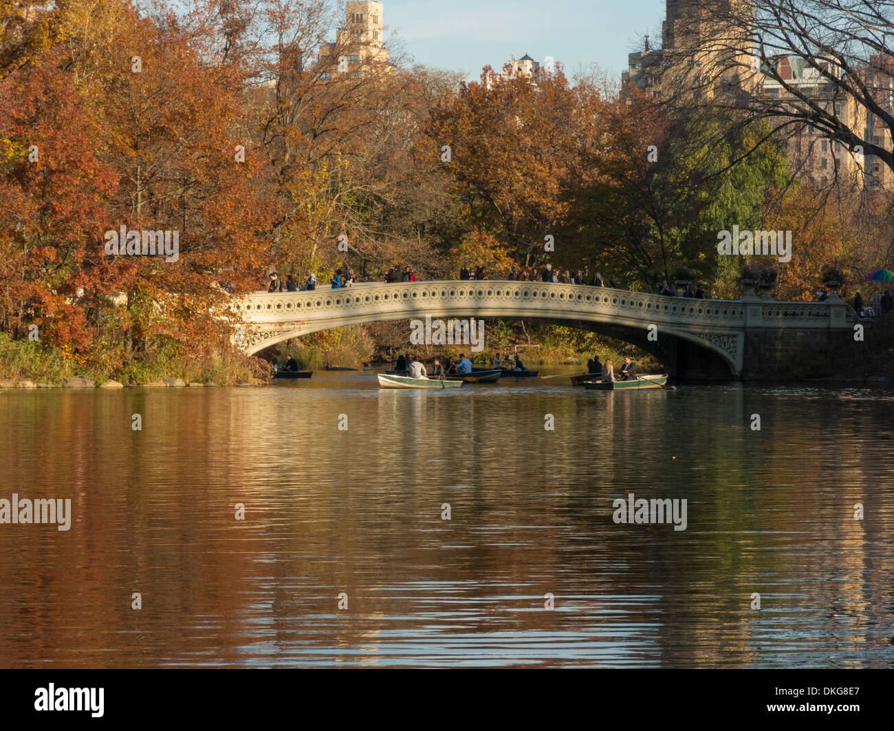 The Lake with Bow Bridge in Central Park, NYC Stock Photo