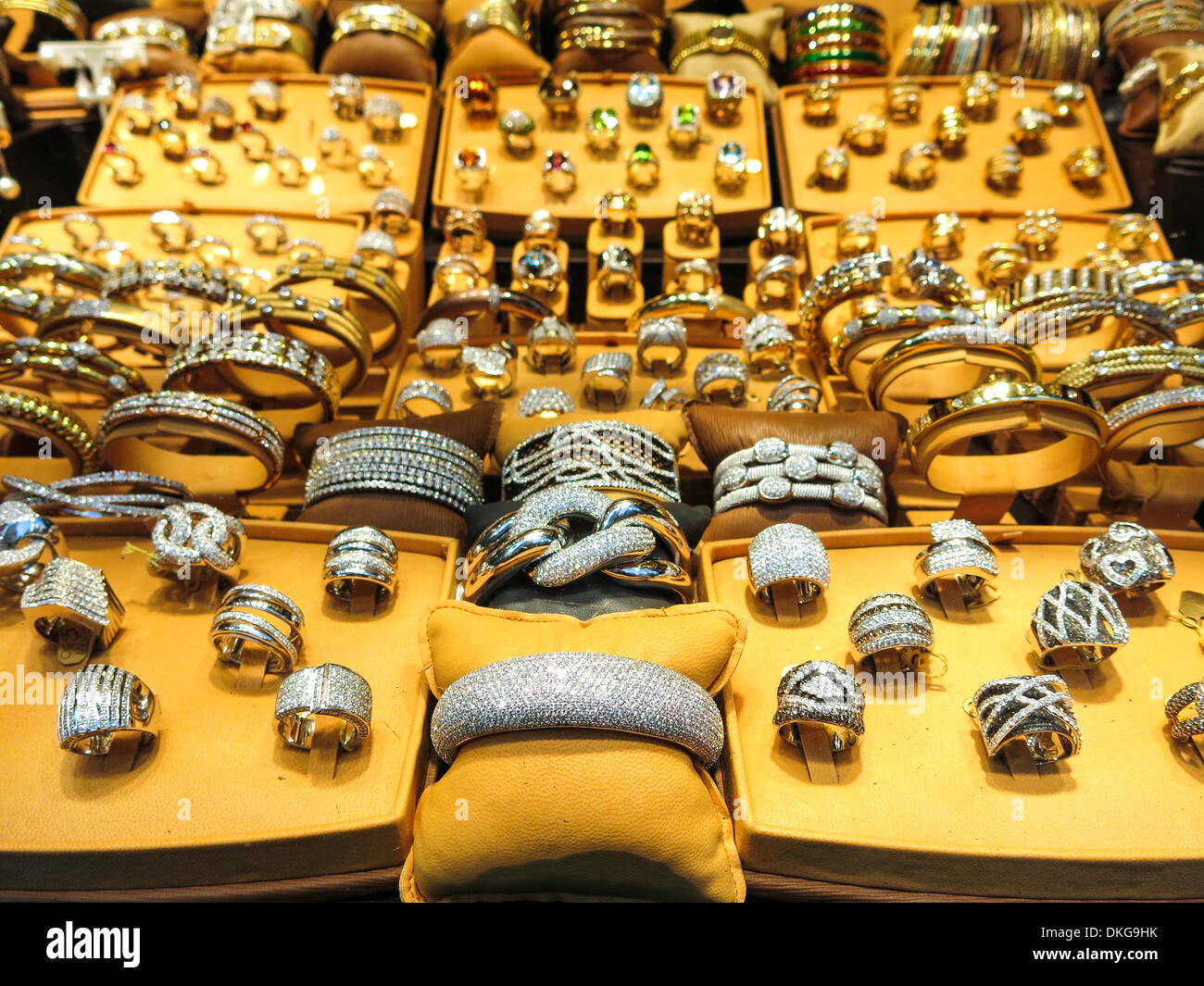 Jewelry Store Window at 47th Street, Diamond District, NYC Stock Photo