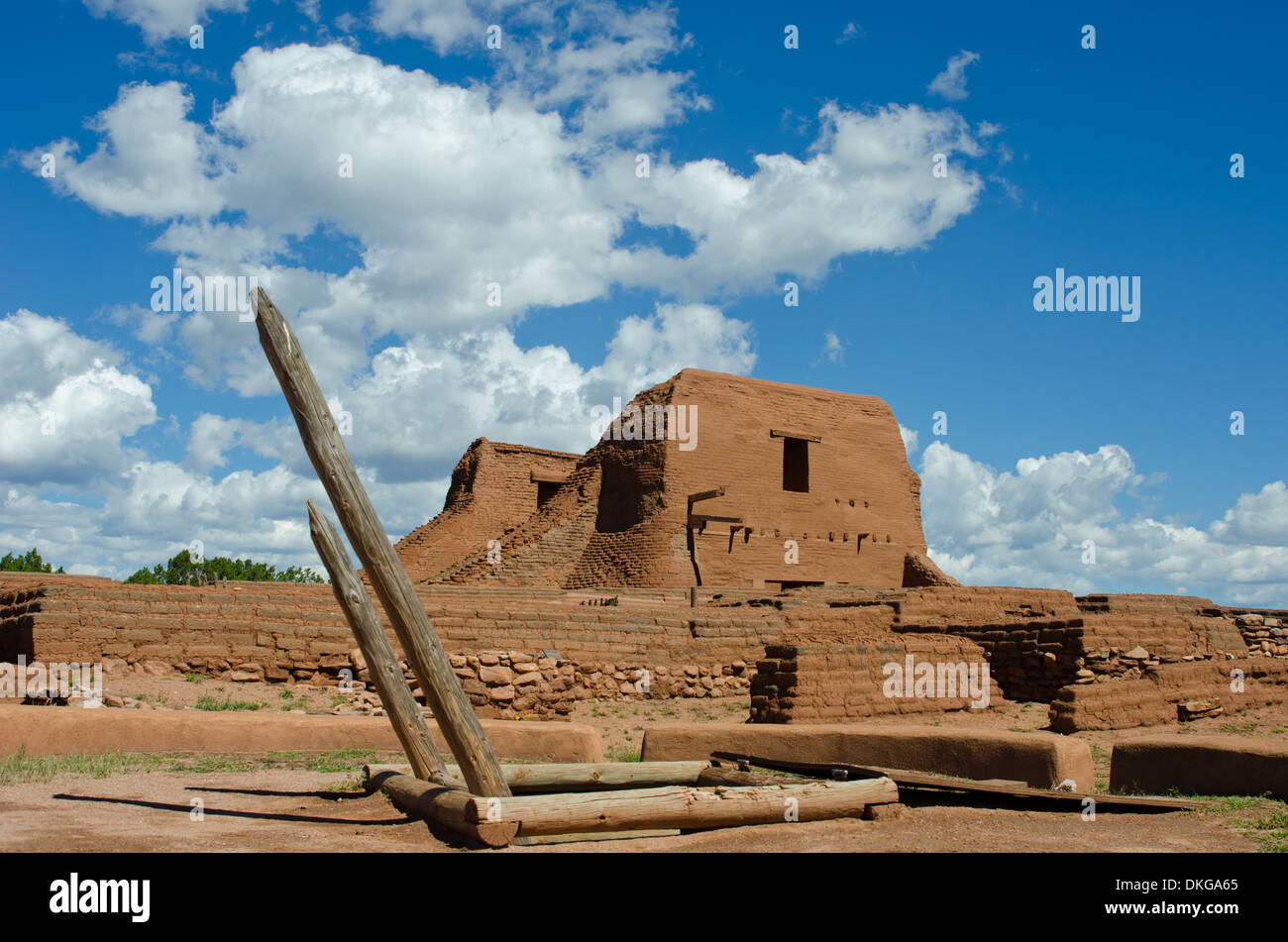 Thousands of adobe bricks create the walls of the fourth Catholic church built at a settlement along the Pecos River. Stock Photo