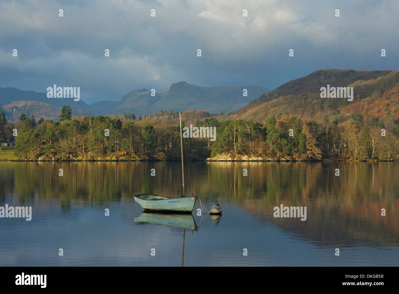 Sailing dinghy moored on Lake Windermere, Lake District National Park