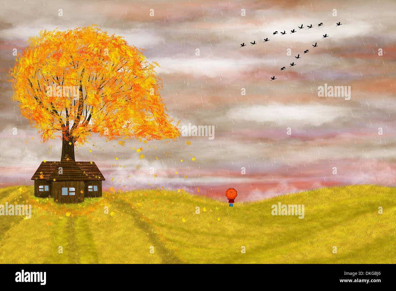 Autumn illustration with a little girl with an umbrella. Yellow tree and a lone house in the rain. Stock Photo