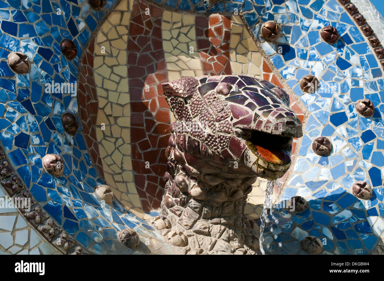 Dragon fountain at the entrance, Park Guell, Barcelona, Catalonia, Spain Stock Photo