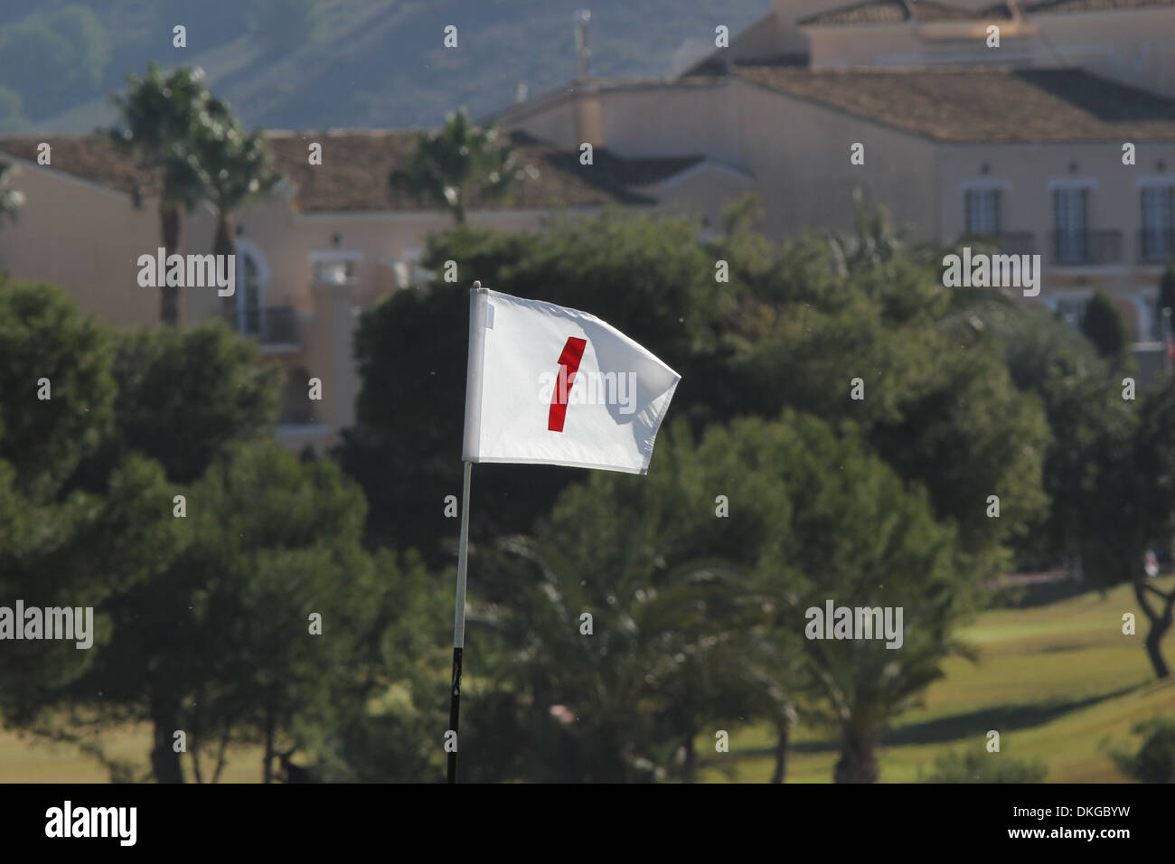 General view of the Pin and flag on Hole Number 1 on the North Course at La Manga Club Resort in Murcia, southern Spain. Stock Photo